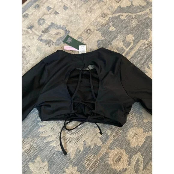 Wild Fable Black Lace-Up Back Long Sleeve Cropped Swim Rash Guard Large NWT - Picture 6 of 7